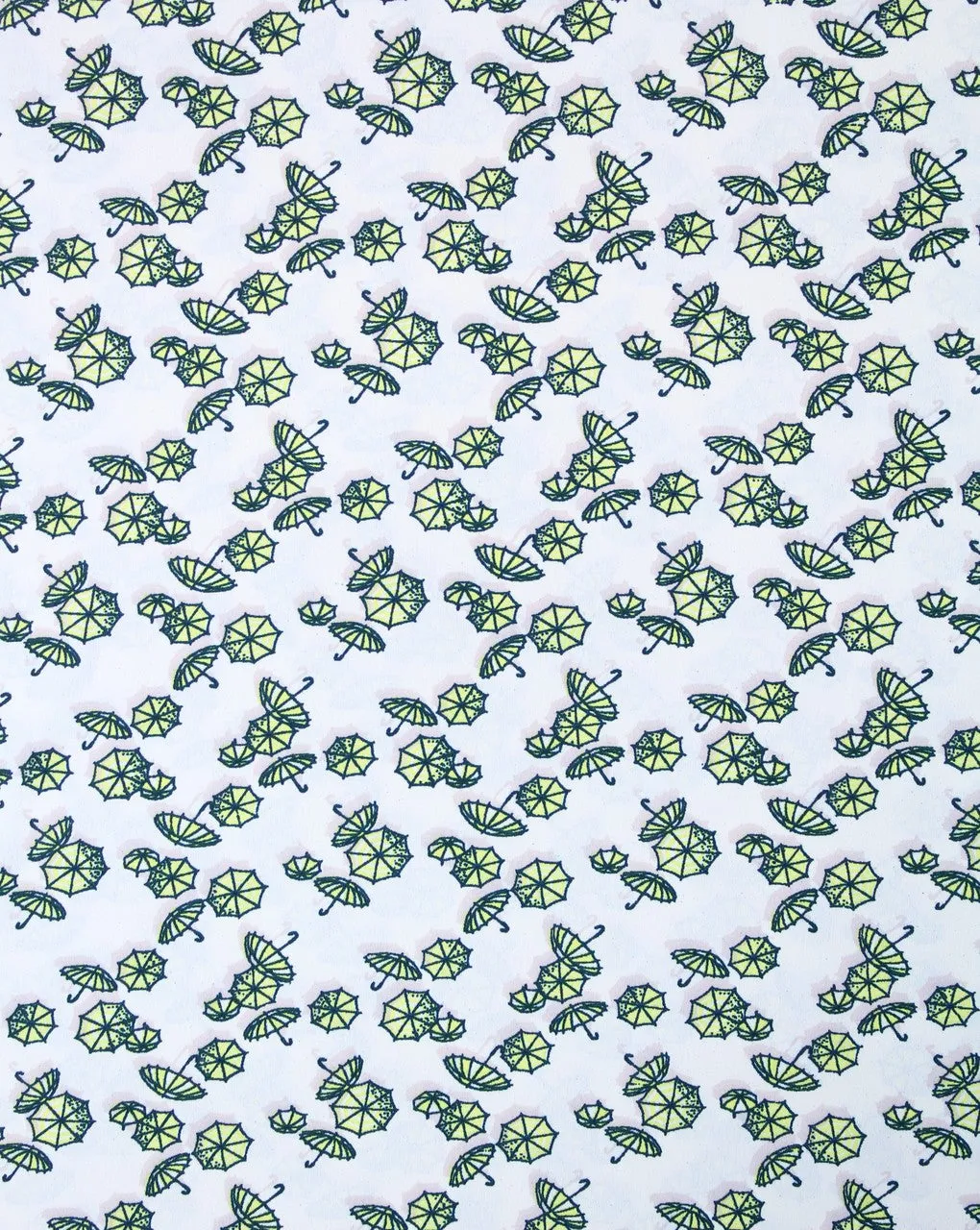 White and Green Umbrella Patterned Polyester Crepe Fabric