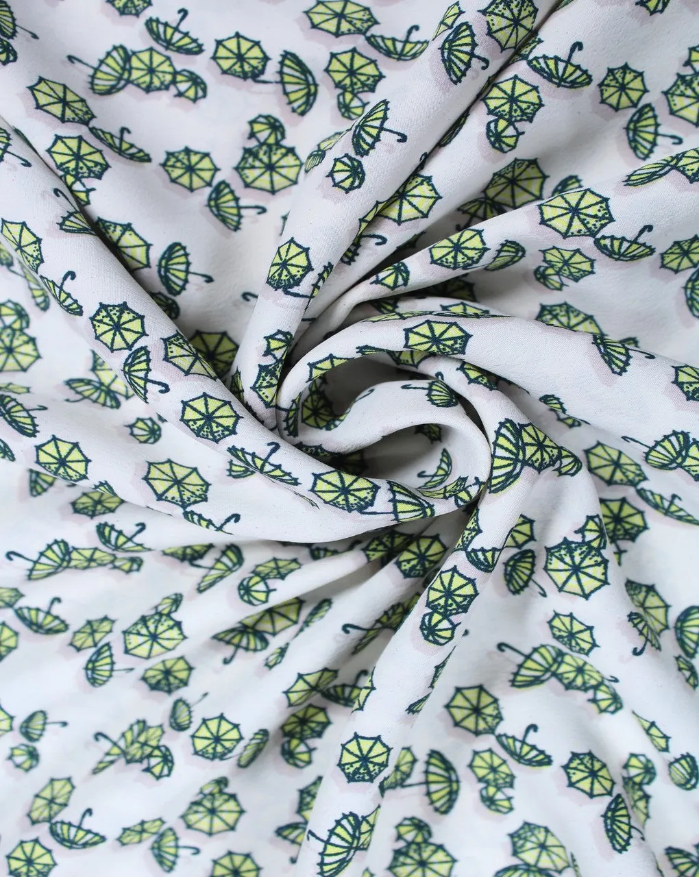 White and Green Umbrella Patterned Polyester Crepe Fabric