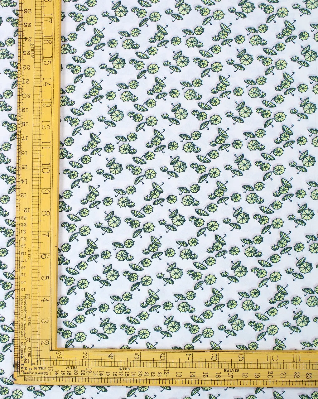 White and Green Umbrella Patterned Polyester Crepe Fabric