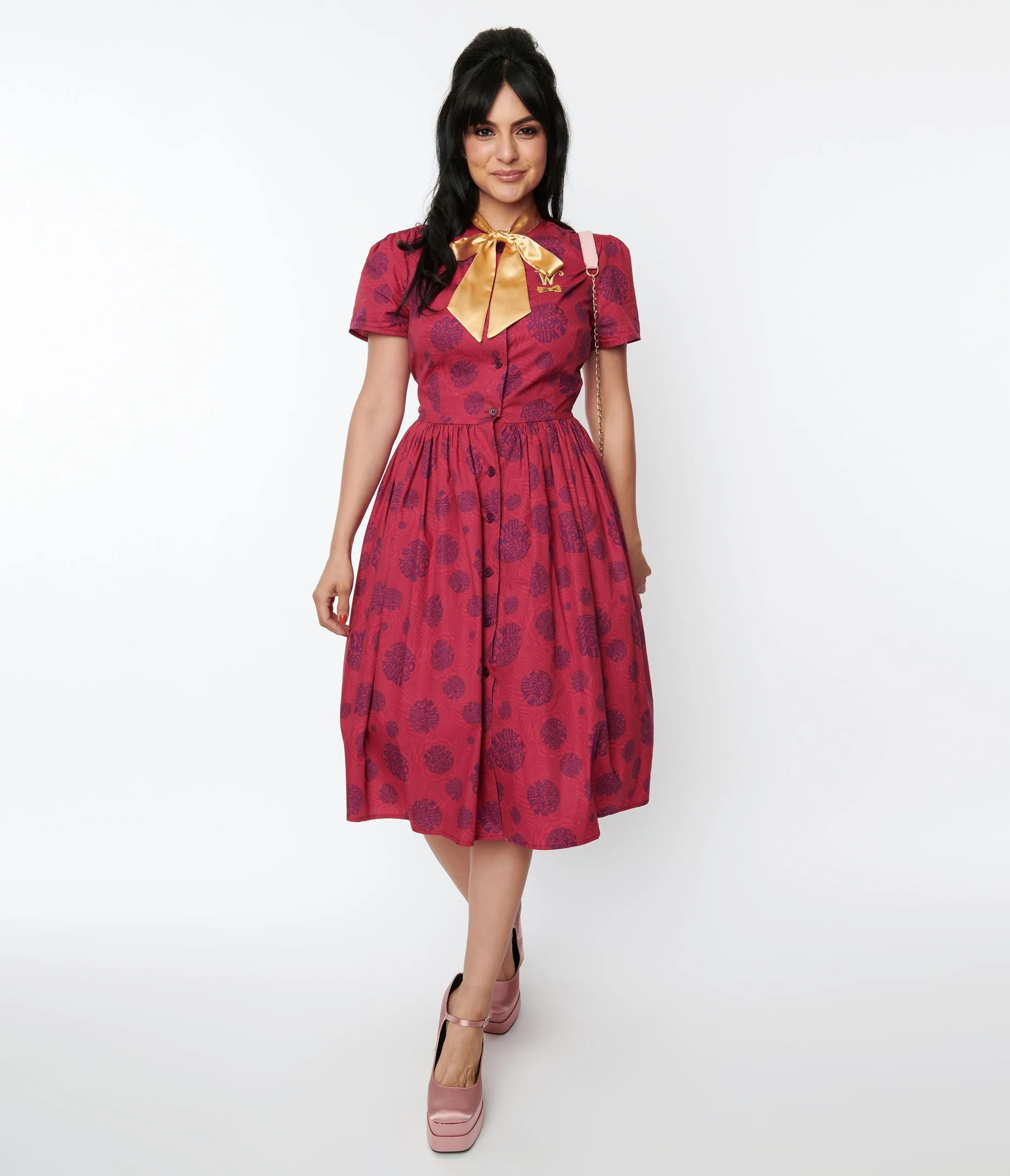 Willy Wonka x Unique Vintage Berry Swirls Gold Bow Swing Dress