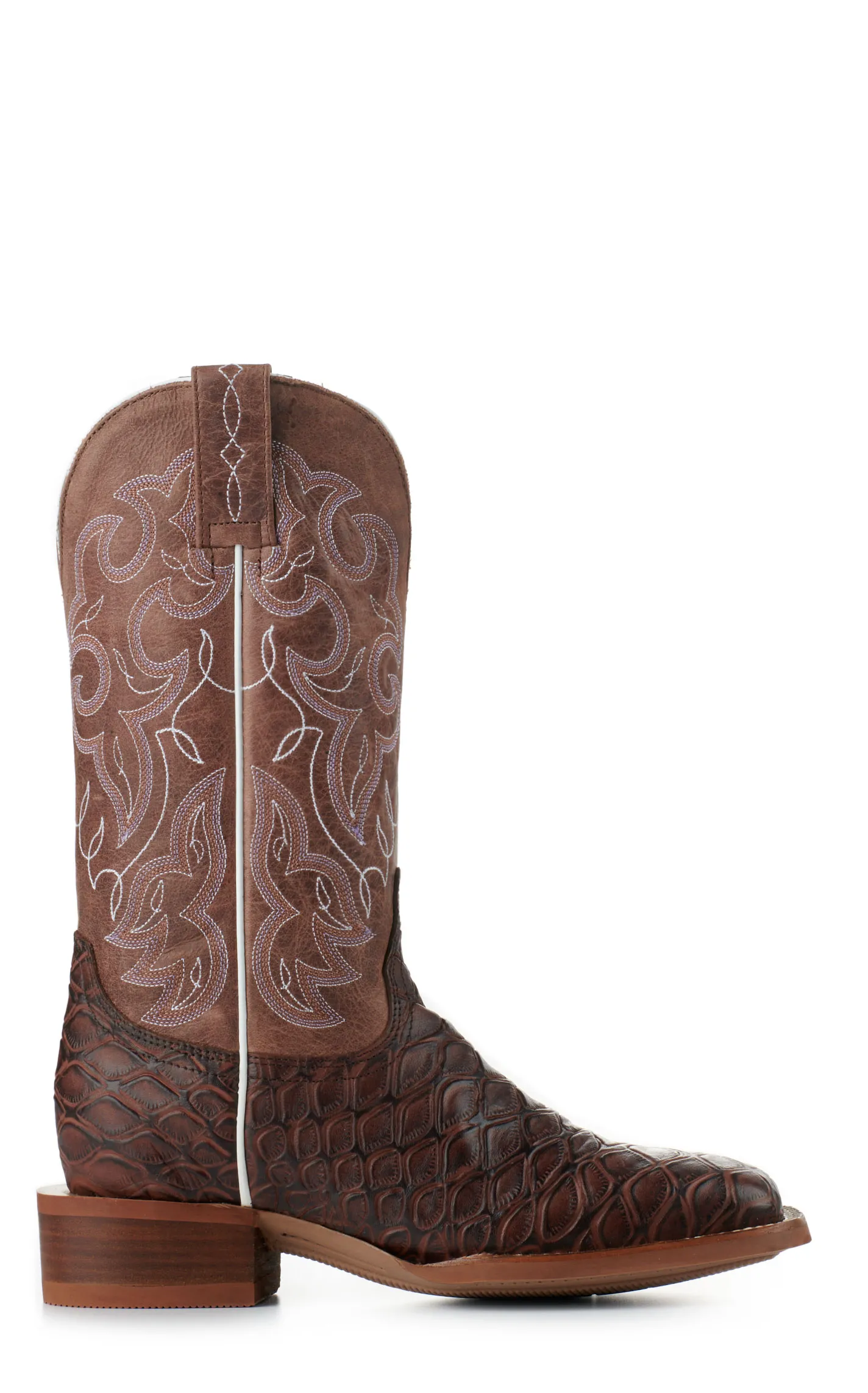 Women's Cowboy Boots Cognac and Tobacco Wide Square Toe Baby Pirarucu Print