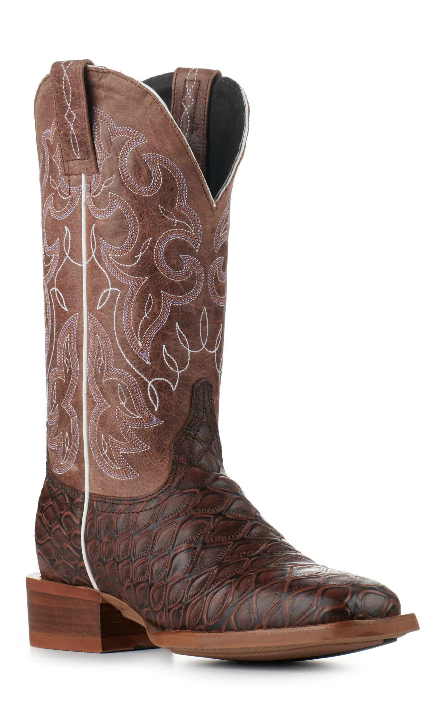 Women's Cowboy Boots Cognac and Tobacco Wide Square Toe Baby Pirarucu Print