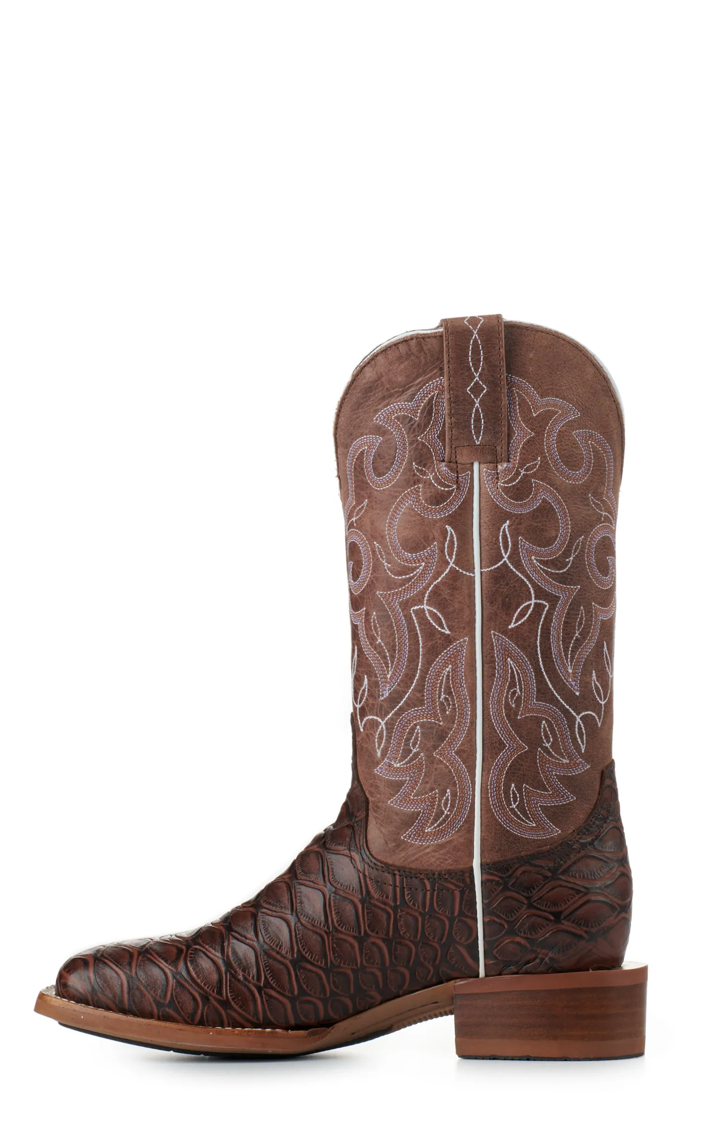 Women's Cowboy Boots Cognac and Tobacco Wide Square Toe Baby Pirarucu Print