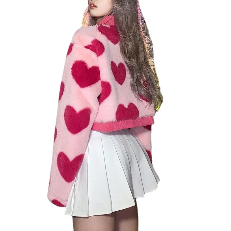 Fluffy Heart Print Grunge Coat for Women