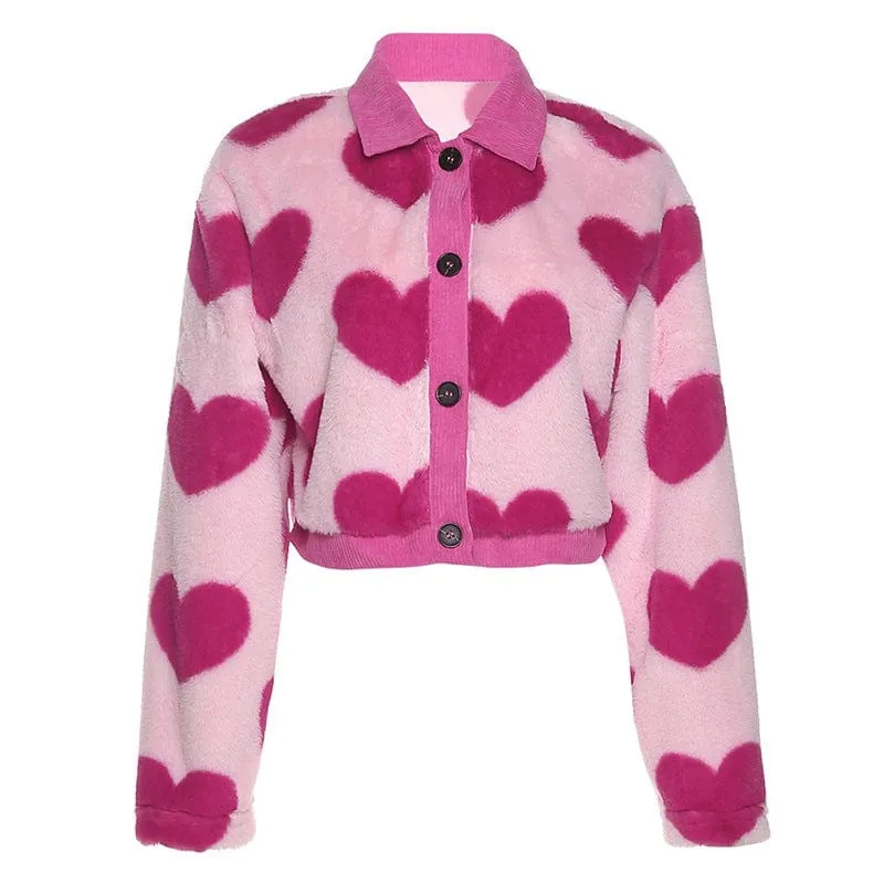 Fluffy Heart Print Grunge Coat for Women