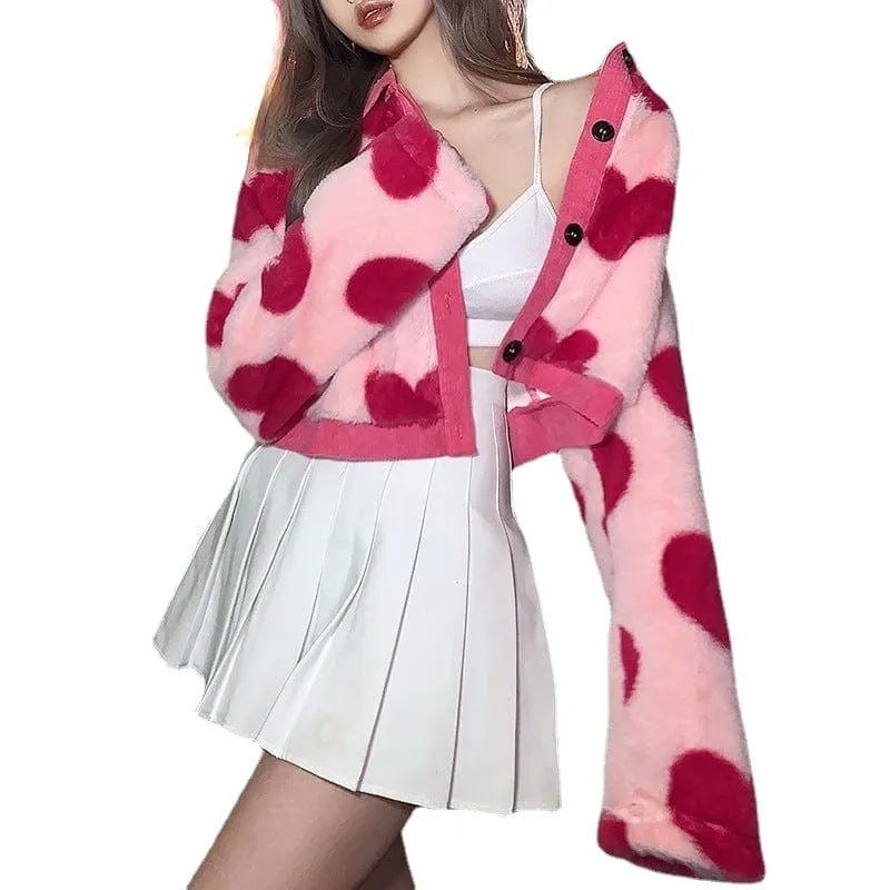 Fluffy Heart Print Grunge Coat for Women