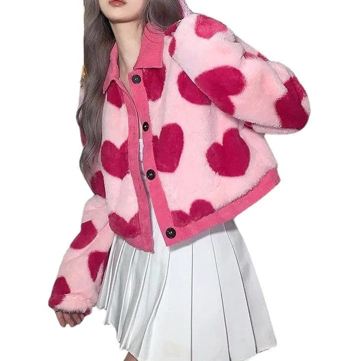 Fluffy Heart Print Grunge Coat for Women