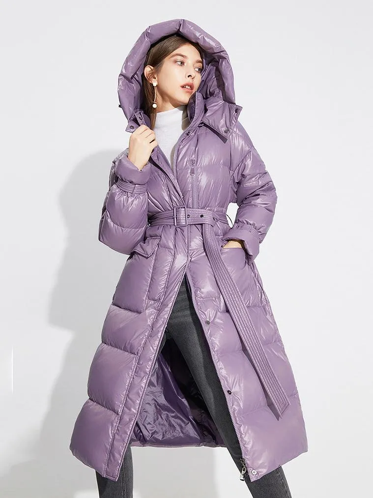 Women's Purple Long Puffer Coat with Hood, Belted Winter Outerwear